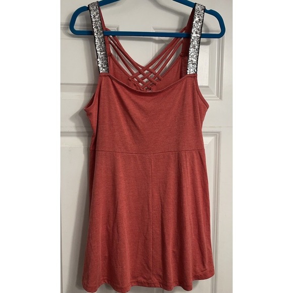 Y2K Tank Top 1X Coral Pink Sequin Trim Festival Babydoll Rave Concert Flowy - Picture 6 of 8